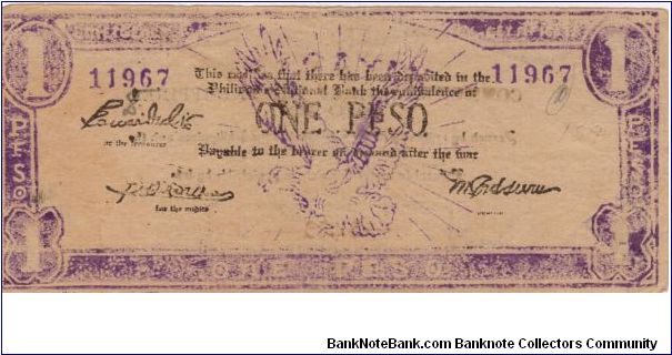 S-186a Cagayan 1 Pesos note. Banknote