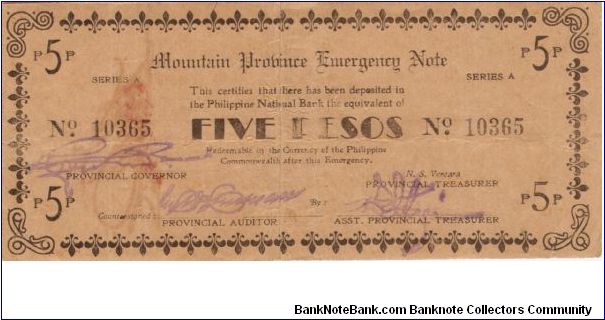 S-603 Mountain Province 5 Pesos note with countersign on reverse. Banknote