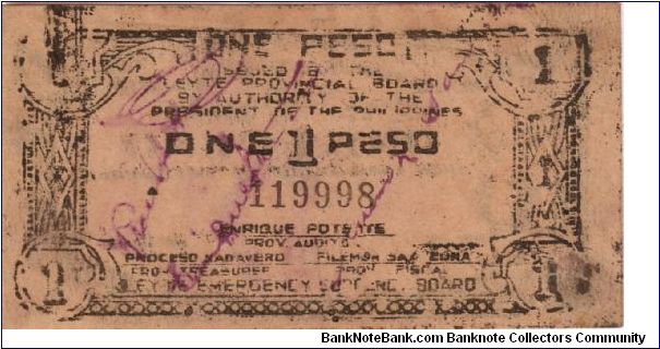 S-405 RARE Leyte Emergency Currency 1 Peso note. Banknote