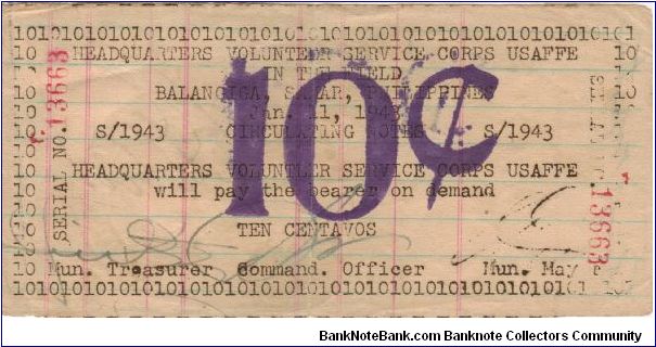 SMR-172 RARE Samar Province First Issue 10 Centavos note. Banknote