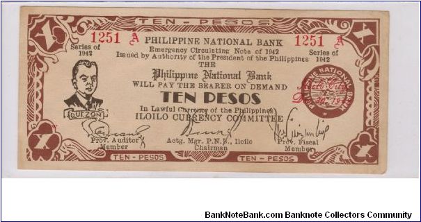 S-314 Iloilo Currency Committee 10 Pesos note. Banknote