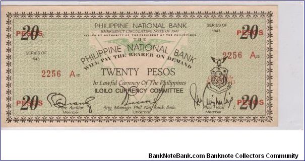 S-330 Iloilo Currency Board 20 Pesos note. Banknote