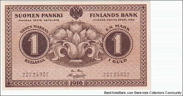 1 markka 1916

Very rare this condition

Rebellion of the government printing of banknotes 

Banknote size 100 X 60mm (inch 3,94 X 2,362)

This note is made of 16.03.1918 Banknote