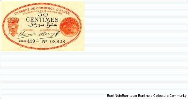 ALGERIA, Town of Algiers,50 Centimes FRANC ALGER 1915, sans filigrane. imprimé en orange et noir, deux signatures série et numéro, en noir. IMP. JOURDAN en bas à gauche, ALGER en bas à droite / imprimé en orange. (ALGER ALGÉRIE) Banknote