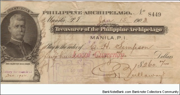 RARE Treasurer of the Philippines General Lawton Check Banknote