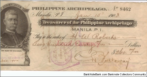 RARE Treasurer of the Philippine Gen. Lawton check. Banknote