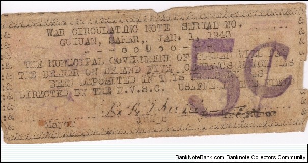 SMR-351 Guiuan, Samar 5 centavos note. Banknote
