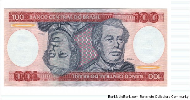 100 Cruzeiros;
P-198;
Front:  Portrait of Luís Alves de Lima e Silva, Duke of Caxias (Duque de Caxias); Back: Battle scene of the
War of the Triple Alliance (Paraguayan War); Watermark: Duque de Caxias; Printer: Casa da Moeda do Brasil. Banknote