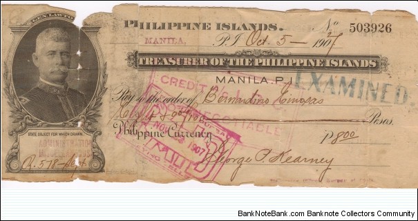 RARE Philippine Govonor Lawton check. Banknote