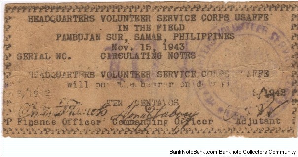 SMR-632a Pambujan Sur, Samar, Philippines 10 centavos note with error date, should be Nov 15, 1942. Banknote