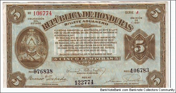 5 Lempiras Aduaneros Banknote