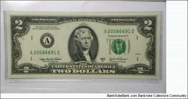 US 2 Dollar collectors note district A 2003 series A, The serial number starts with the year that it was printed Banknote