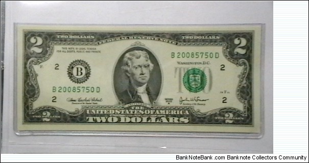 US 2 Dollar collectors note district B 2003 series A, The serial number starts with the year that it was printed Banknote