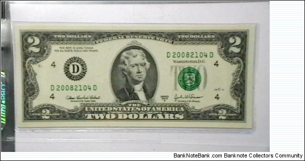 US 2 Dollar collectors note district D 2003 series A, The serial number starts with the year that it was printed Banknote