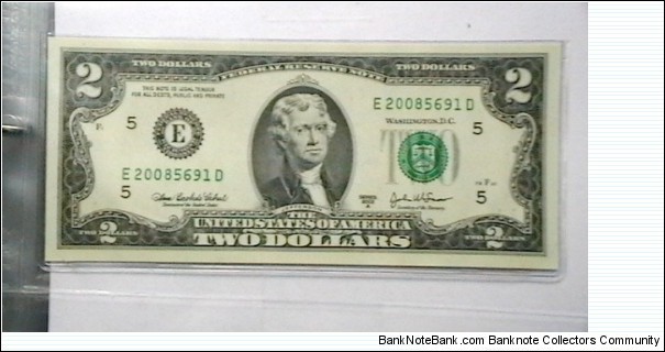 US 2 Dollar collectors note district E 2003 series A, The serial number starts with the year that it was printed Banknote