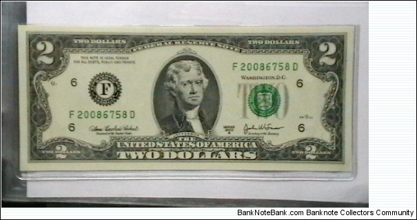 US 2 Dollar collectors note district F 2003 series A, The serial number starts with the year that it was printed Banknote