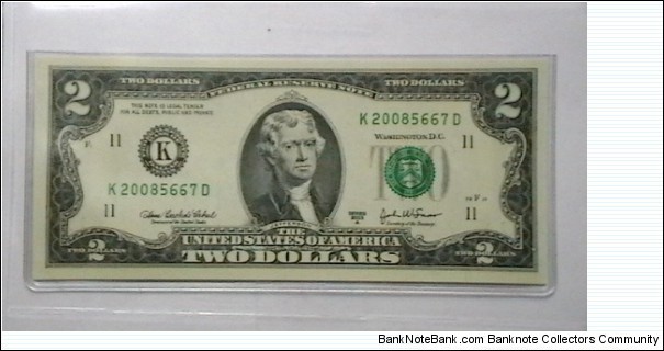 US 2 Dollar collectors note district K 2003 series A, The serial number starts with the year that it was printed Banknote