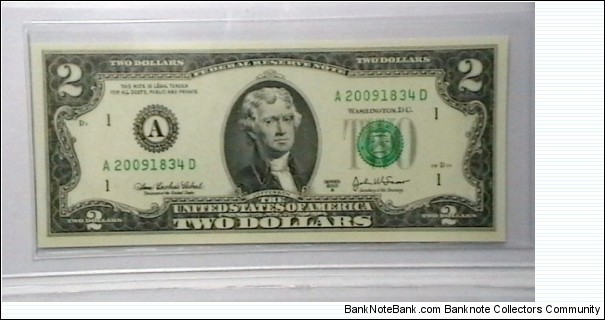 US 2 Dollar collectors note district A 2003 series A, The serial number starts with the year that it was printed Banknote