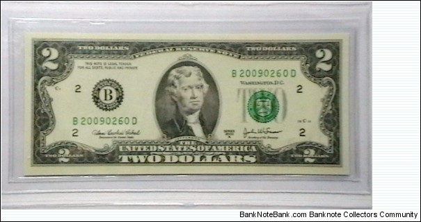 US 2 Dollar collectors note district B 2003 series A, The serial number starts with the year that it was printed Banknote