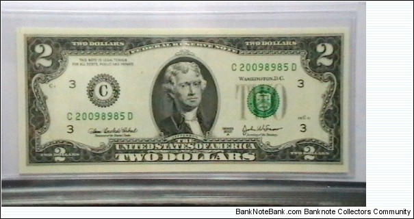 US 2 Dollar collectors note district C 2003 series A, The serial number starts with the year that it was printed Banknote