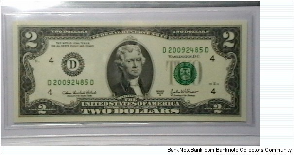 US 2 Dollar collectors note district D 2003 series A, The serial number starts with the year that it was printed Banknote