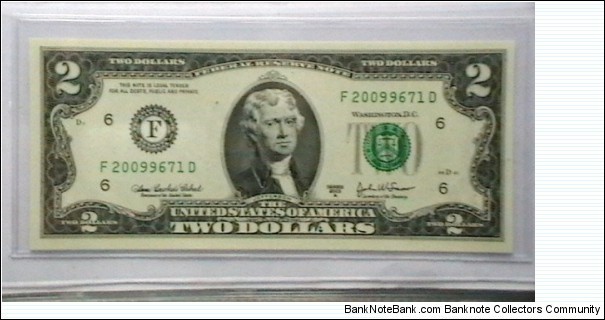 US 2 Dollar collectors note district F 2003 series A, The serial number starts with the year that it was printed Banknote