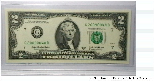 US 2 Dollar collectors note district G 2003 series A, The serial number starts with the year that it was printed Banknote