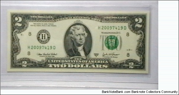 US 2 Dollar collectors note district H 2003 series A, The serial number starts with the year that it was printed Banknote