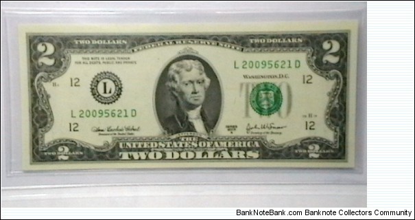 US 2 Dollar collectors note district L 2003 series A, The serial number starts with the year that it was printed Banknote