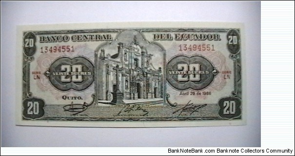 Ecuador 24-4-1986, series LN, 20 Sucres KP# 121A Banknote