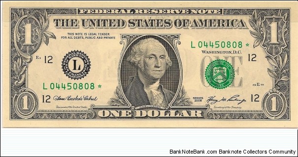 $1 FRN Series 2006 S/N L04450808* Banknote