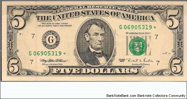 $5 FRN Series 1995 S/N G06905319* Banknote