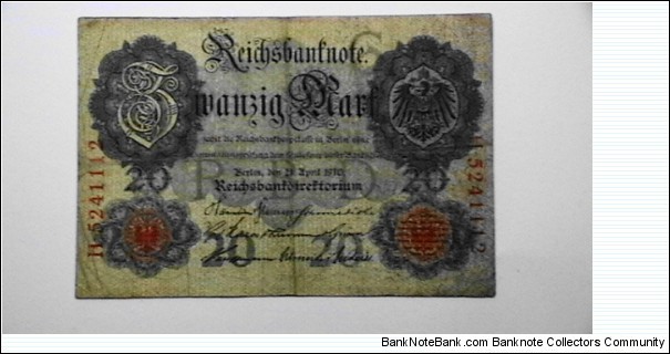 Germany 21 April 1910, 20 mark Riechsbanknote, sn: H5241112 Banknote