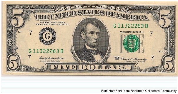 $5 FRN Series 1969 S/N G11322263B Graded PCGS 65PPQ Banknote
