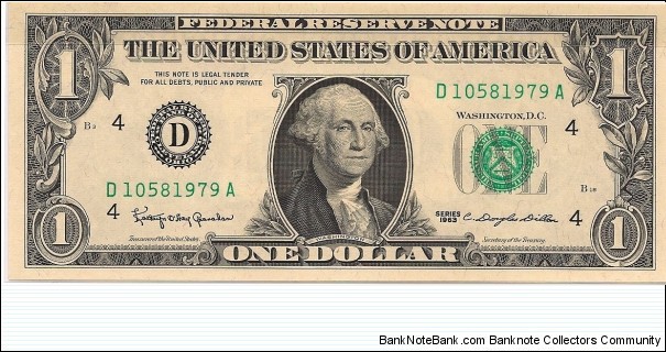 $1 FRN Series 1963 S/N D10581979A Banknote