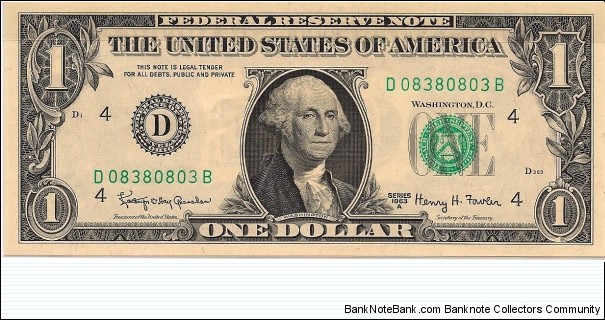 $1 FRN Series 1963A S/N D08380803B Banknote