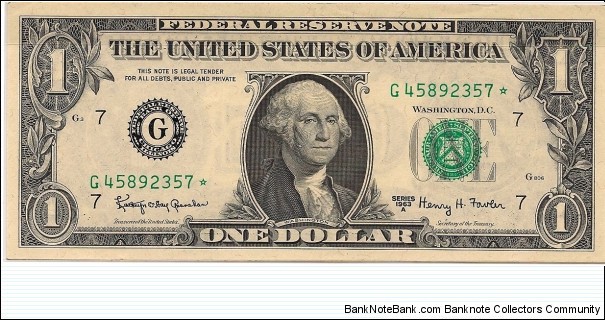 $1 FRN Series 1963A S/N G45892357* Banknote