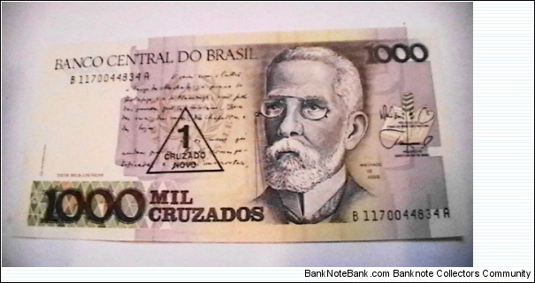 Brazil ND(1989) 1 Cruzado stamped on 1000 Crusados note Kp# 216  Banknote