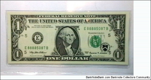 U.S. FRN 1999 district E 1 dollar BEP lucky money sn. E 88885087 B  Banknote