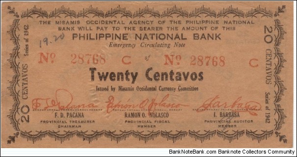 S-574 Misamis Occidental 20 Centavos note. Banknote