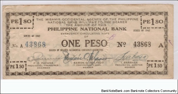 S-572 RARE Misamis Occidental 1 Peso note with un-listed inverted reverse. Banknote