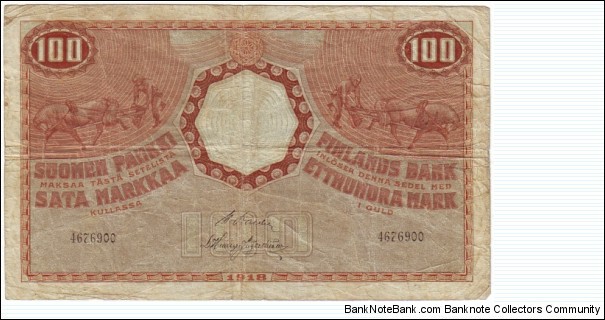 100 Markkaa 1918 This note has been made of 4,741,000 pieces Banknote size 170 X 100mm (inch 6,69 X 3,94) This note is made of 22.02-13.04.1922 Banknote