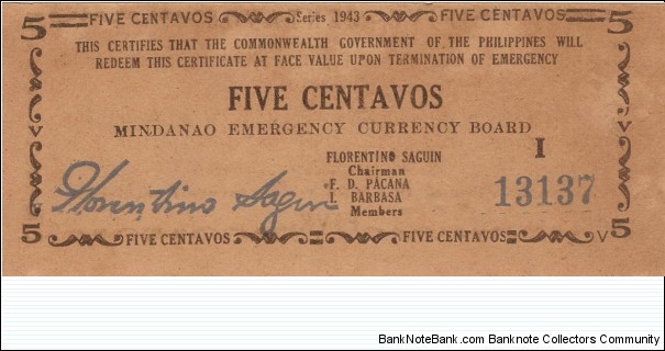 S-481b Mindanao 5 centavos note. Banknote