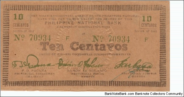 S-573 Misamis Occidental 10 centavos note with inverted reverse. Banknote