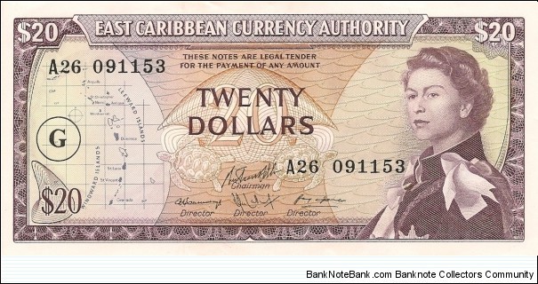 East Carribean Currency Authority / Twenty Dollars / G overprint Banknote