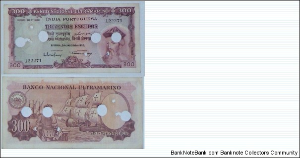 Portuguese-India. 300 Escudos. Cancelled. Banknote