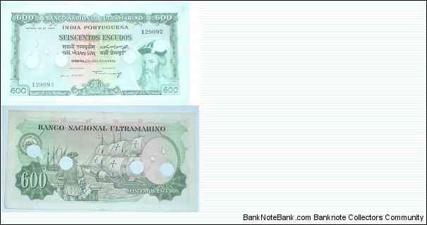 Portuguese-India. 600 Escudos. Cancelled. Banknote