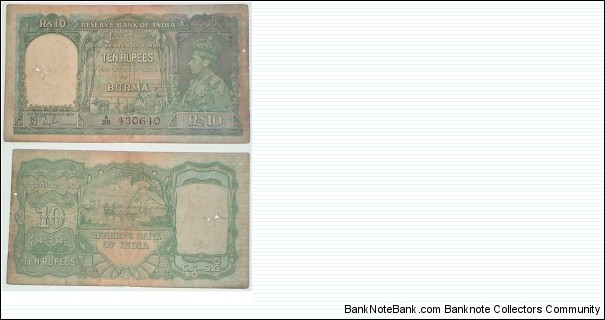 Burma. 10 Rupees. Indian note issue. JB Taylor signature. George VI. Banknote