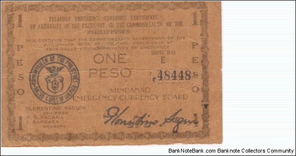 S-485d Mindanao Emergency Currency Board 1 Peso note.  Banknote
