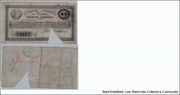 5 Pounds. Stamford Spalding & Boston Bank. Cancelled. Banknote